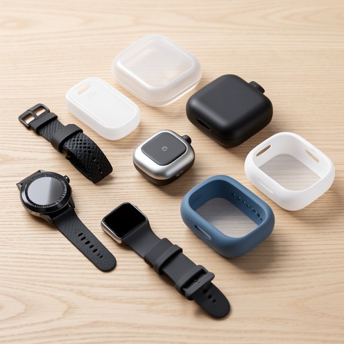 Montre connectée entourée de bracelets interchangeables, d’un chargeur magnétique et de protections dans une composition moderne.