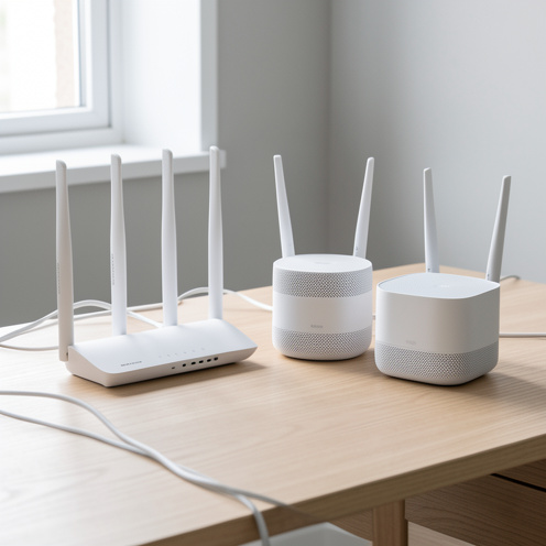 Comparaison visuelle entre un ancien routeur sans fil blanc et des appareils Wi-Fi modernes dans un intérieur sobre.