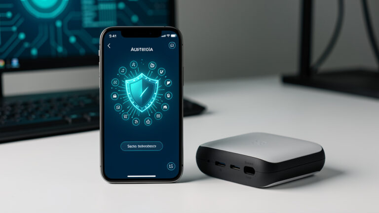 Smartphone affichant une interface de sécurité avec un bouclier lumineux et un second appareil de confiance dans un espace de travail numérique