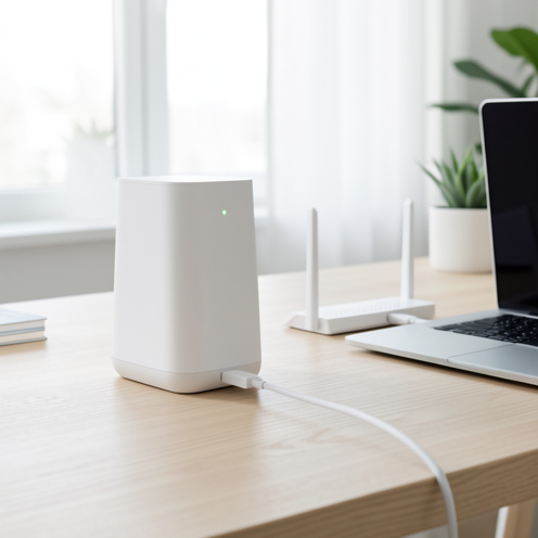 Dispositivo bianco di archiviazione wireless collegato a un laptop e a un router in un ufficio domestico luminoso.