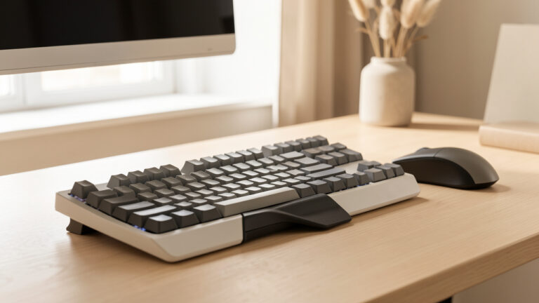 Clavier ergonomique à disposition séparée avec repose-poignets et souris sur un bureau moderne, éclairé par une lumière naturelle douce.