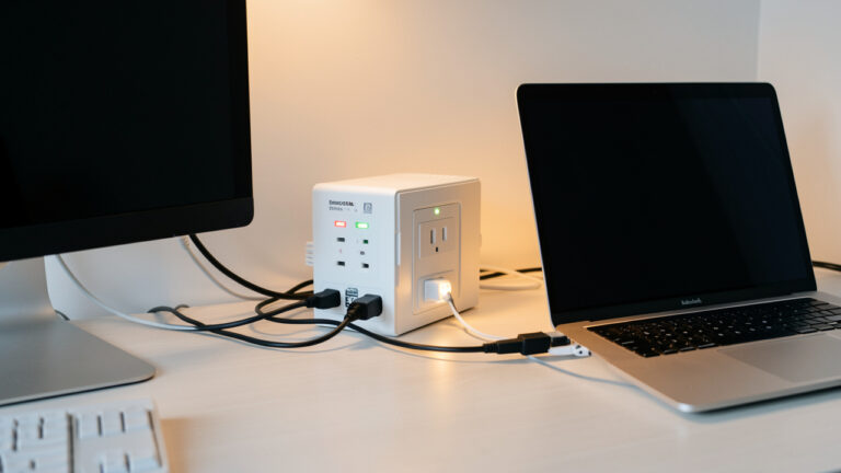 Un onduleur moderne alimentant un ordinateur de bureau et un ordinateur portable dans un bureau domestique