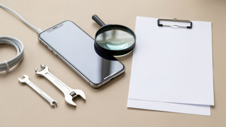 Smartphone ricondizionato esaminato con lente d’ingrandimento accanto a cavo di ricarica e strumenti su una scrivania chiara.