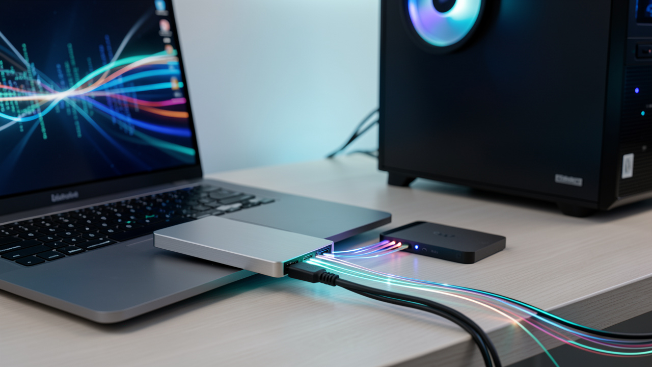 Un SSD externe élégant connecté à un ordinateur portable et à un ordinateur de bureau dans un espace de travail moderne.