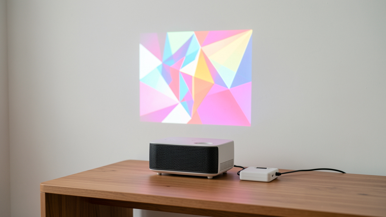 Projecteur portable compact diffusant une image géométrique lumineuse et nette sur un mur blanc, avec une batterie rechargeable à côté.