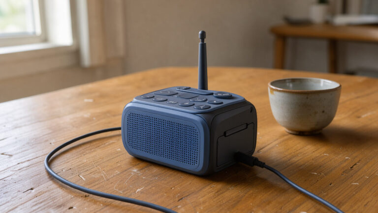 Radio DAB portative compacte avec antenne télescopique, boutons de commande et câble de recharge posée sur une table en bois.