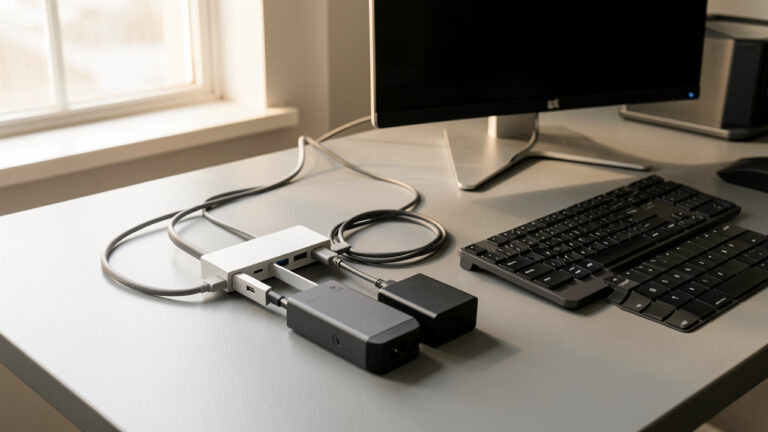Station d’accueil USB-C moderne connectée à un ordinateur portable, un écran, un clavier, une souris et plusieurs câbles sur un bureau de télétravail.