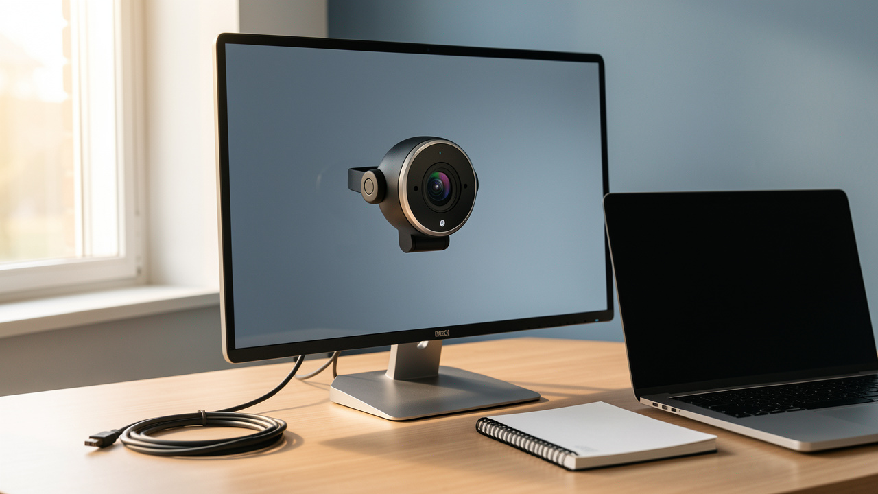 Webcam moderne avec microphone intégré posée sur un écran dans un espace de télétravail lumineux