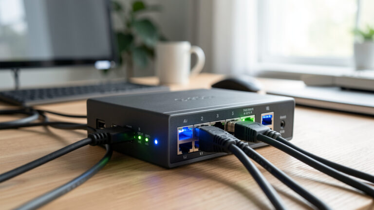 Commutateur Ethernet compact avec plusieurs câbles connectés et voyants lumineux sur un bureau moderne.