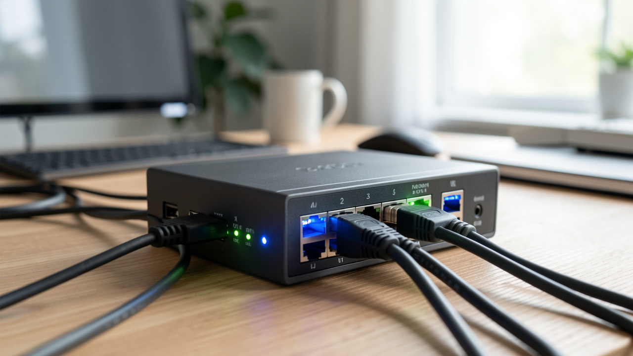Commutateur Ethernet compact avec plusieurs câbles connectés et voyants lumineux sur un bureau moderne.