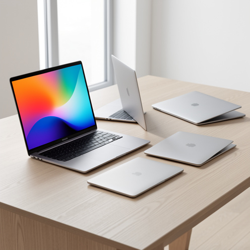 Plusieurs ordinateurs portables ultrafins en aluminium, de tailles et de finitions différentes, disposés sur un bureau moderne pour illustrer un comparatif.