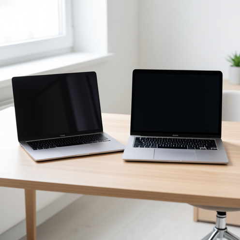 Deux ordinateurs portables de tailles différentes, 14 et 16 pouces, ouverts côte à côte sur un bureau en bois dans un espace de travail moderne.