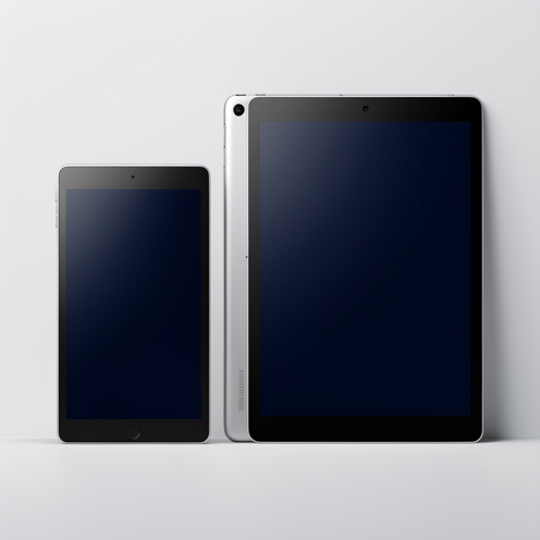 Deux tablettes modernes de tailles différentes présentées côte à côte dans un studio minimaliste, mettant en évidence leurs différences de design et de format.