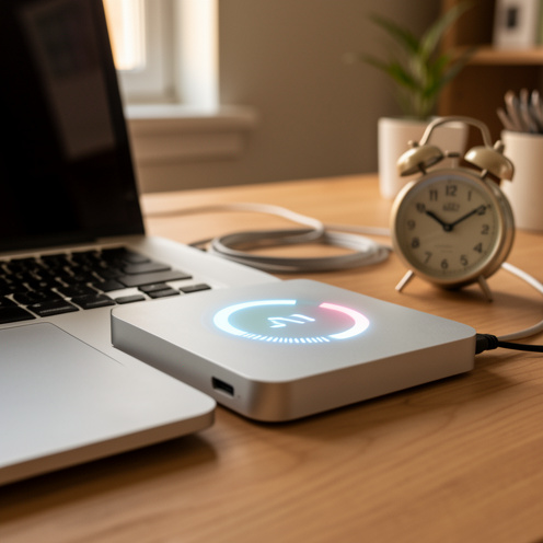 Disque de sauvegarde argenté placé à côté d’un ordinateur portable, avec une horloge vintage évoquant la préservation des données dans le temps.