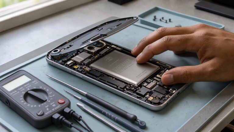 Smartphone ouvert avec sa batterie visible, inspectée à l’aide d’outils de diagnostic dans un espace de travail propre.