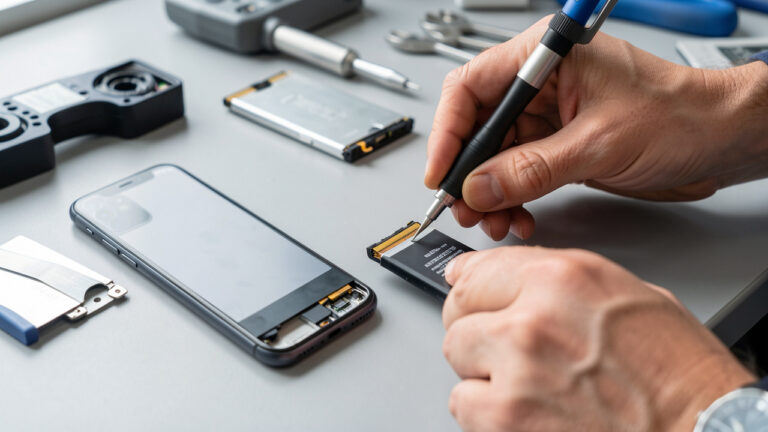Smartphone ricondizionato accanto alla batteria rimossa e a strumenti di diagnostica in un laboratorio di riparazione