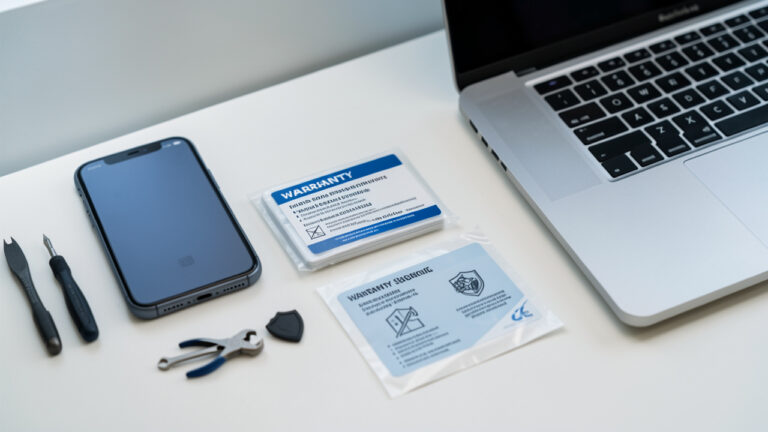 Smartphone et ordinateur portable reconditionnés présentés avec une carte de garantie vierge, un emballage protecteur et un symbole de protection sur un bureau moderne.