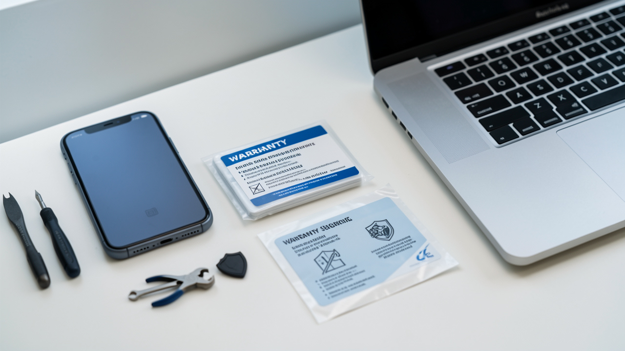 Smartphone et ordinateur portable reconditionnés présentés avec une carte de garantie vierge, un emballage protecteur et un symbole de protection sur un bureau moderne.