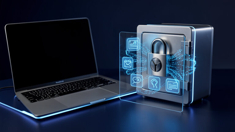 Un ordinateur portable entouré d’un cadenas métallique et de boucliers lumineux symbolisant la protection sécurisée des comptes et des données.