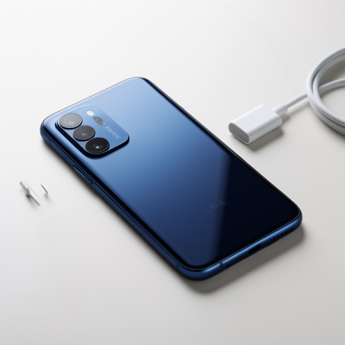 Smartphone haut de gamme bleu foncé avec deux objectifs photo, posé sur une surface claire à côté de son câble de recharge.