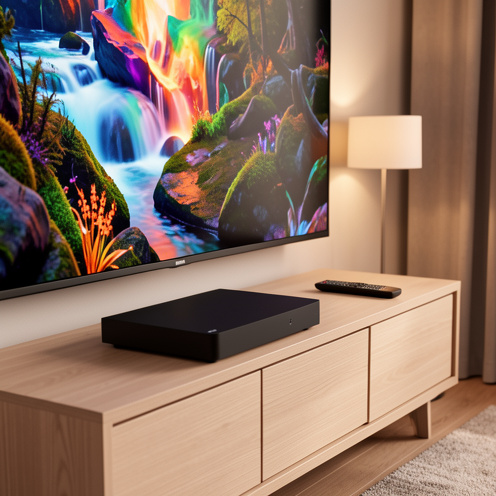 Boîtier de streaming noir et télécommande posés devant un téléviseur moderne dans un salon lumineux.