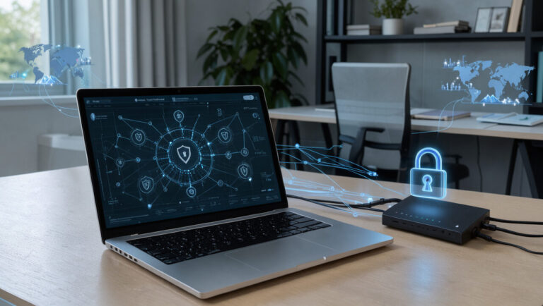 Ordinateur portable et routeur sans fil dans un bureau à domicile, entourés de connexions réseau bleues et d’un cadenas lumineux symbolisant la sécurité d’un VPN.