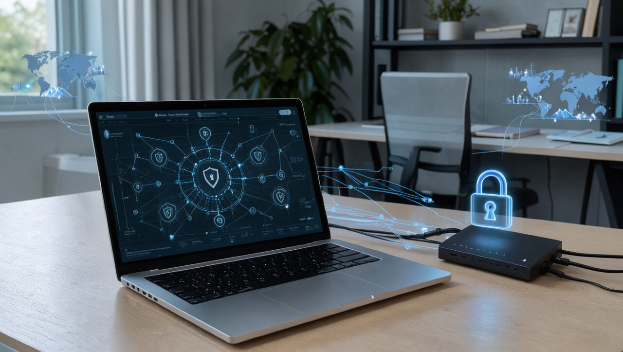 Ordinateur portable et routeur sans fil dans un bureau à domicile, entourés de connexions réseau bleues et d’un cadenas lumineux symbolisant la sécurité d’un VPN.