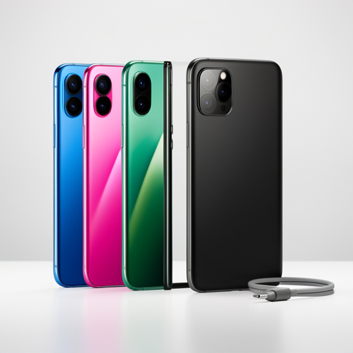 Plusieurs smartphones modernes aux finitions bleue, rose, verte et noire, présentés sur une surface claire avec un câble de recharge.