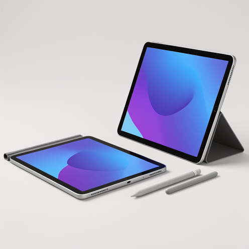 Deux tablettes modernes de tailles différentes, accompagnées d’un stylet et d’une housse, présentées sur un fond gris clair.