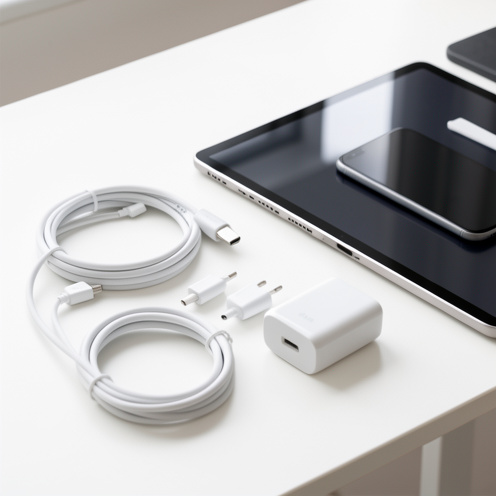 Câbles de recharge blancs, connecteurs variés et adaptateurs compacts disposés près d’une tablette et d’un smartphone sur un bureau clair.