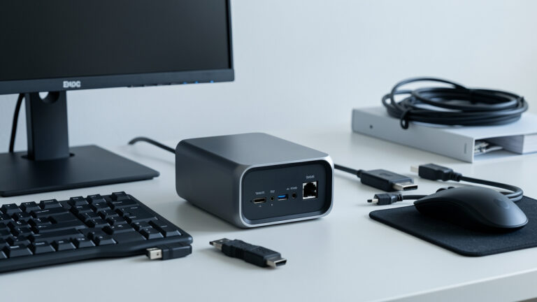 Mini PC compatto su una scrivania con monitor, periferiche e porte frontali e posteriori visibili