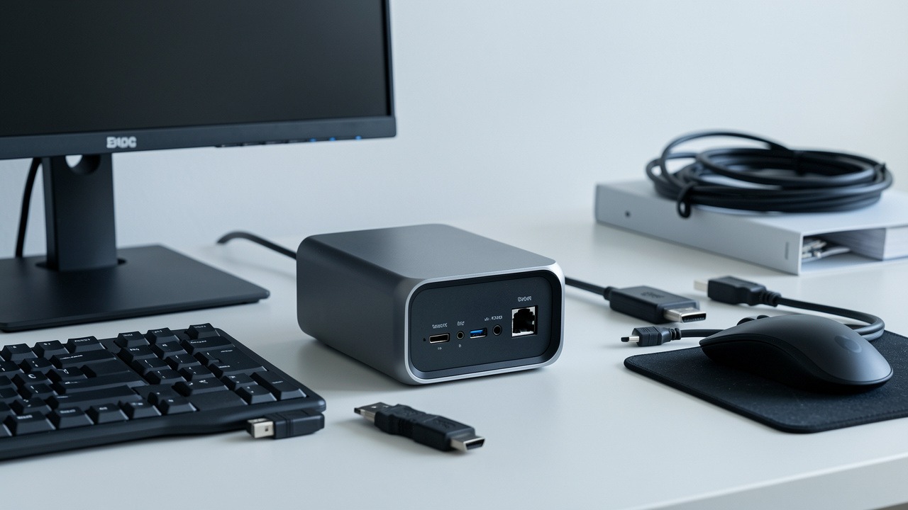 Mini PC compatto su una scrivania con monitor, periferiche e porte frontali e posteriori visibili