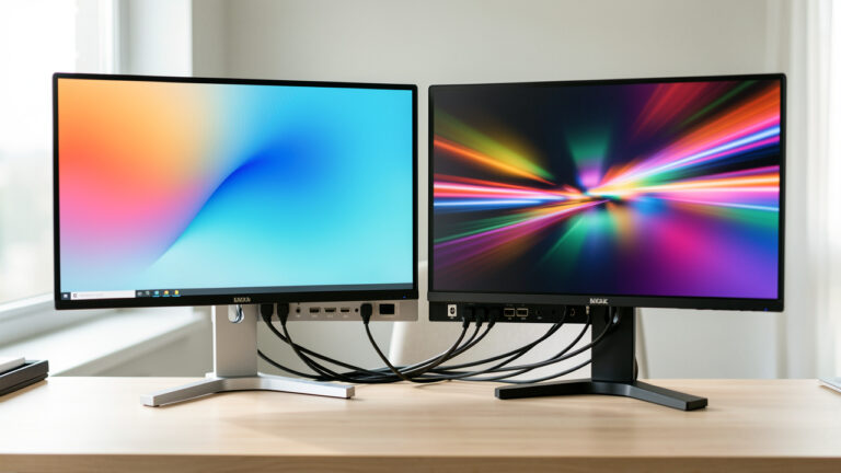 Deux moniteurs modernes sur un bureau, avec des écrans colorés et des ports de connexion visibles à l’arrière.