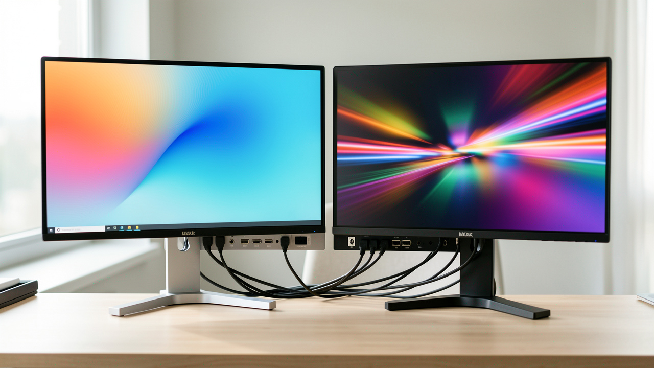 Deux moniteurs modernes sur un bureau, avec des écrans colorés et des ports de connexion visibles à l’arrière.