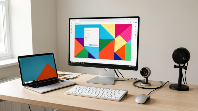 Moniteur informatique moderne avec ordinateur portable, accessoires et câbles soigneusement disposés sur un bureau lumineux pour le télétravail