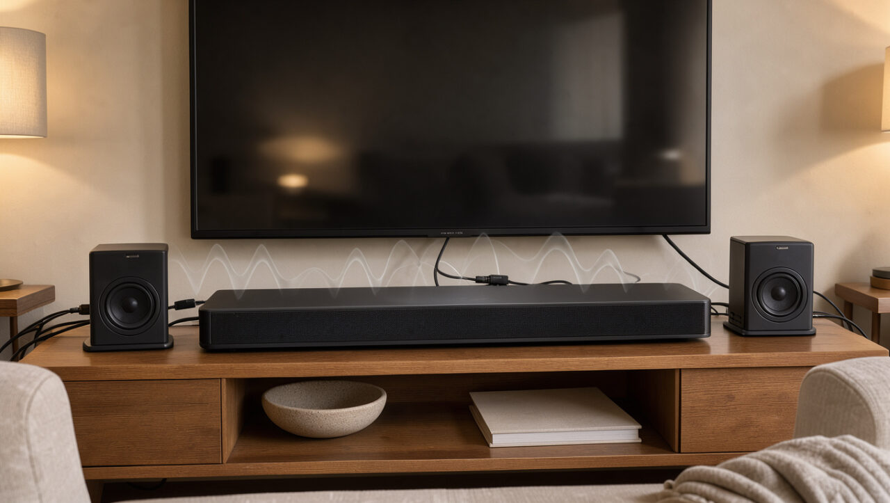 Une soundbar moderne placée sous un téléviseur, accompagnée d’enceintes arrière et de câbles soigneusement organisés dans un salon lumineux.
