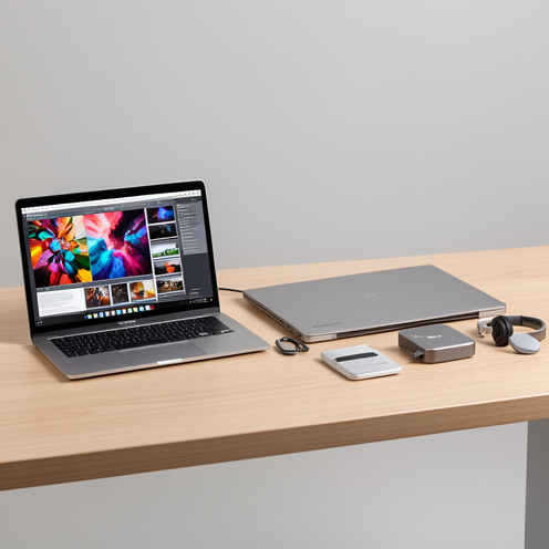 Gamma di computer portatili professionali in alluminio di diverse dimensioni e configurazioni, disposti su una scrivania con accessori moderni.