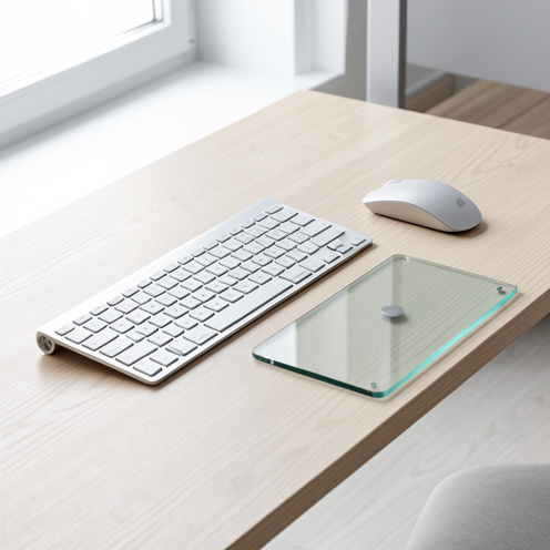 Clavier sans fil en aluminium, souris ergonomique et trackpad en verre disposés sur un bureau minimaliste en bois clair.