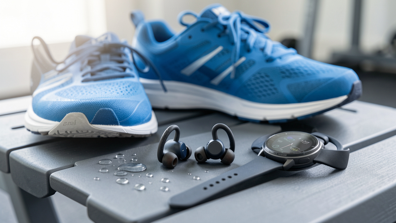 Écouteurs Bluetooth de sport avec boîtier de charge, gouttes d’eau, chaussures de course et montre de fitness, illustrant l’autonomie, la résistance et le confort.
