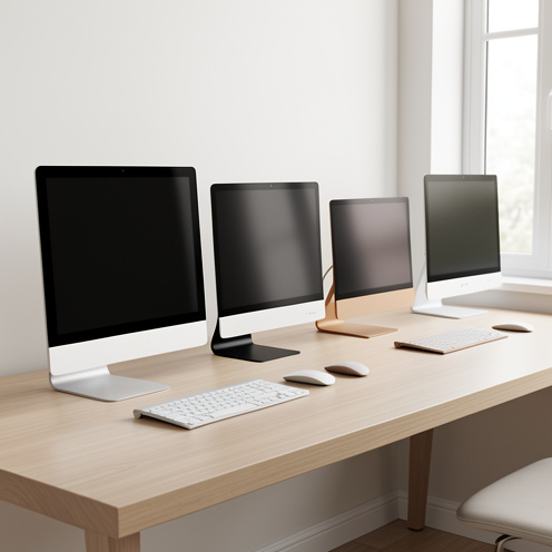 Gamme d’ordinateurs tout-en-un modernes de différentes tailles et couleurs, présentés sur un bureau minimaliste dans un espace de travail lumineux.