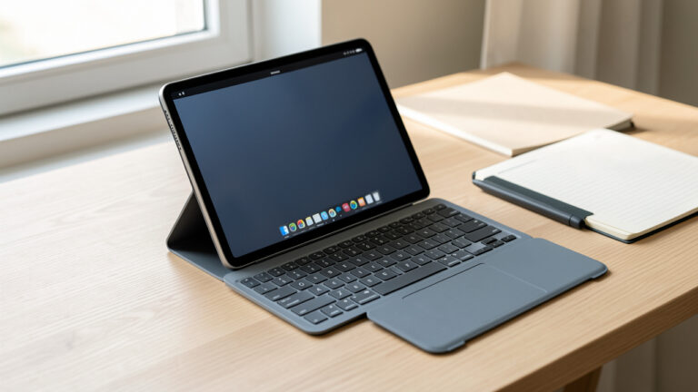 Tablette moderne avec clavier amovible, stylet et housse fine disposés sur un bureau en bois, évoquant le travail, les études et la mobilité.