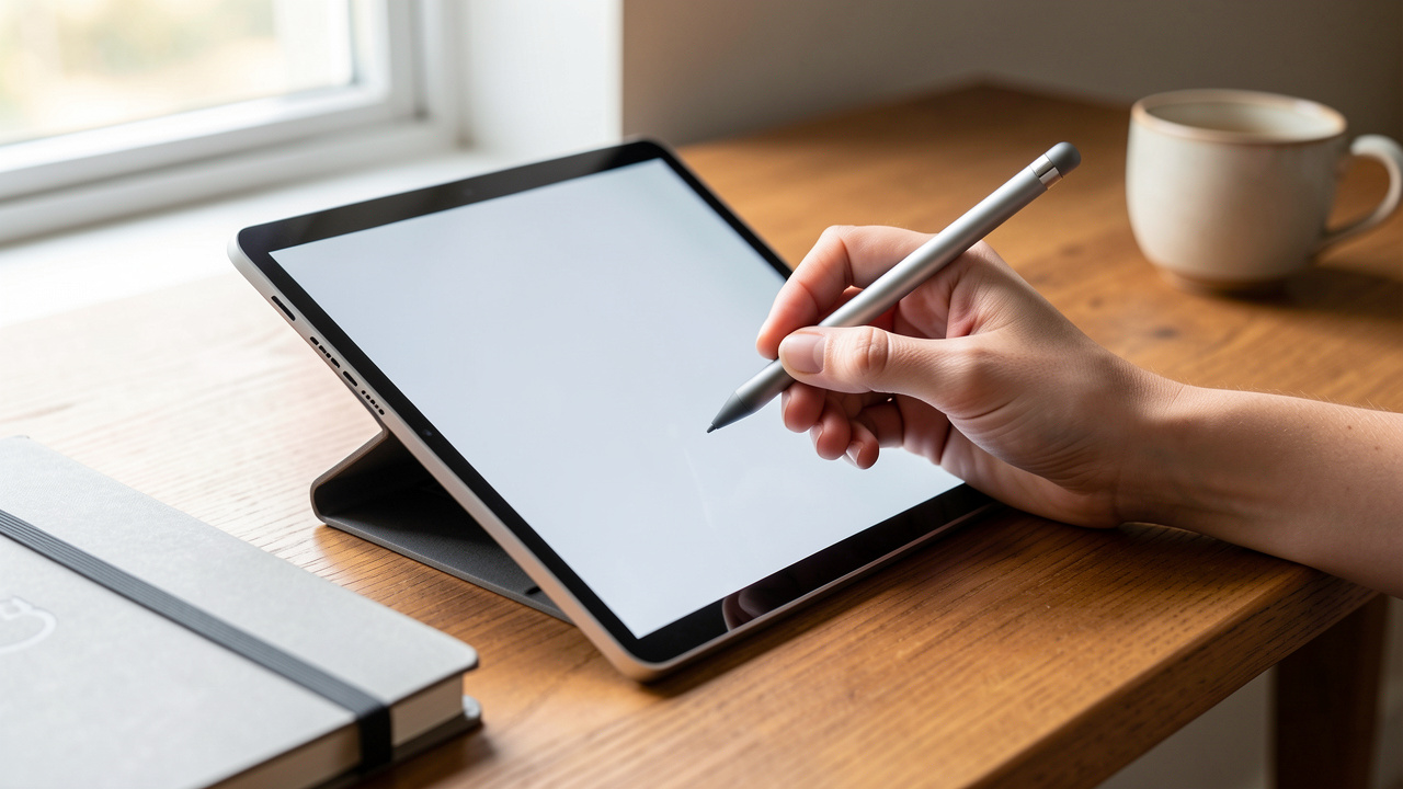 Tablette moderne avec stylet numérique utilisée par une femme sur un bureau en bois éclairé par une lumière naturelle.