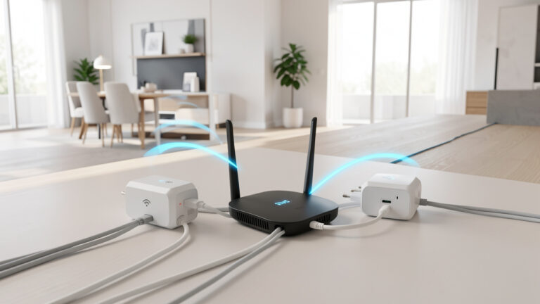 Kit Wi-Fi Powerline composé d’un routeur et de deux adaptateurs dans un intérieur moderne, avec des signaux sans fil bleus reliant les pièces.