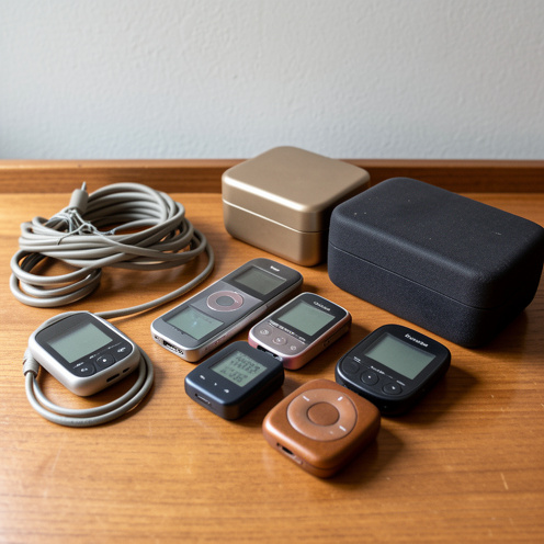 Collection de petits lecteurs audio portables de différentes générations, avec câbles et étuis, présentés sur un bureau en bois.