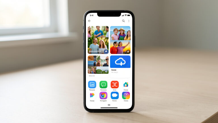 Smartphone Android affichant une gestion organisée de l’espace de stockage, avec des photos sauvegardées et des applications conservées.