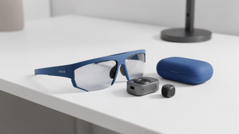 Lunettes intelligentes modernes avec caméra intégrée, écouteurs discrets, protection de la vie privée et étui de recharge sur un bureau minimaliste.