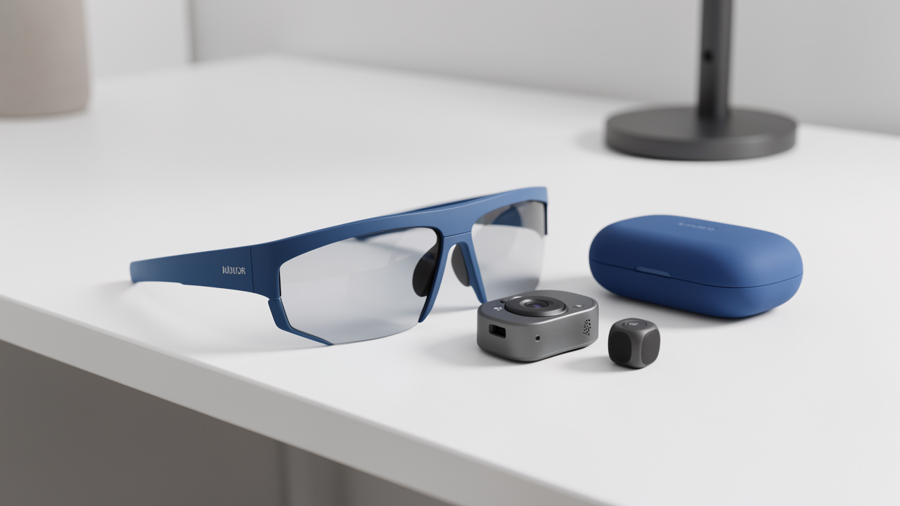 Lunettes intelligentes modernes avec caméra intégrée, écouteurs discrets, protection de la vie privée et étui de recharge sur un bureau minimaliste.
