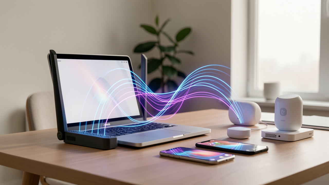 Routeur Wi-Fi moderne connecté sans fil à un ordinateur portable, un smartphone et plusieurs appareils domestiques.