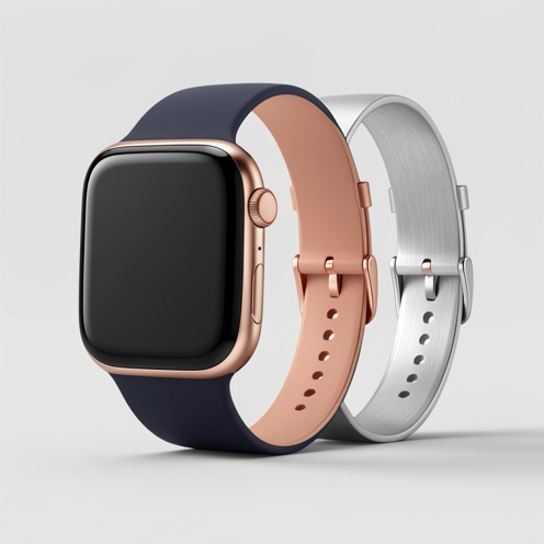 Montre connectée moderne au boîtier fin, présentée avec plusieurs bracelets interchangeables noirs, dorés et argentés sur un fond gris clair.