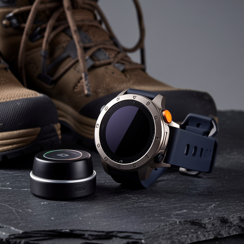 Montre connectée robuste de plein air avec boîtier métallique, bracelet sportif et chargeur magnétique, photographiée sur une surface sombre.